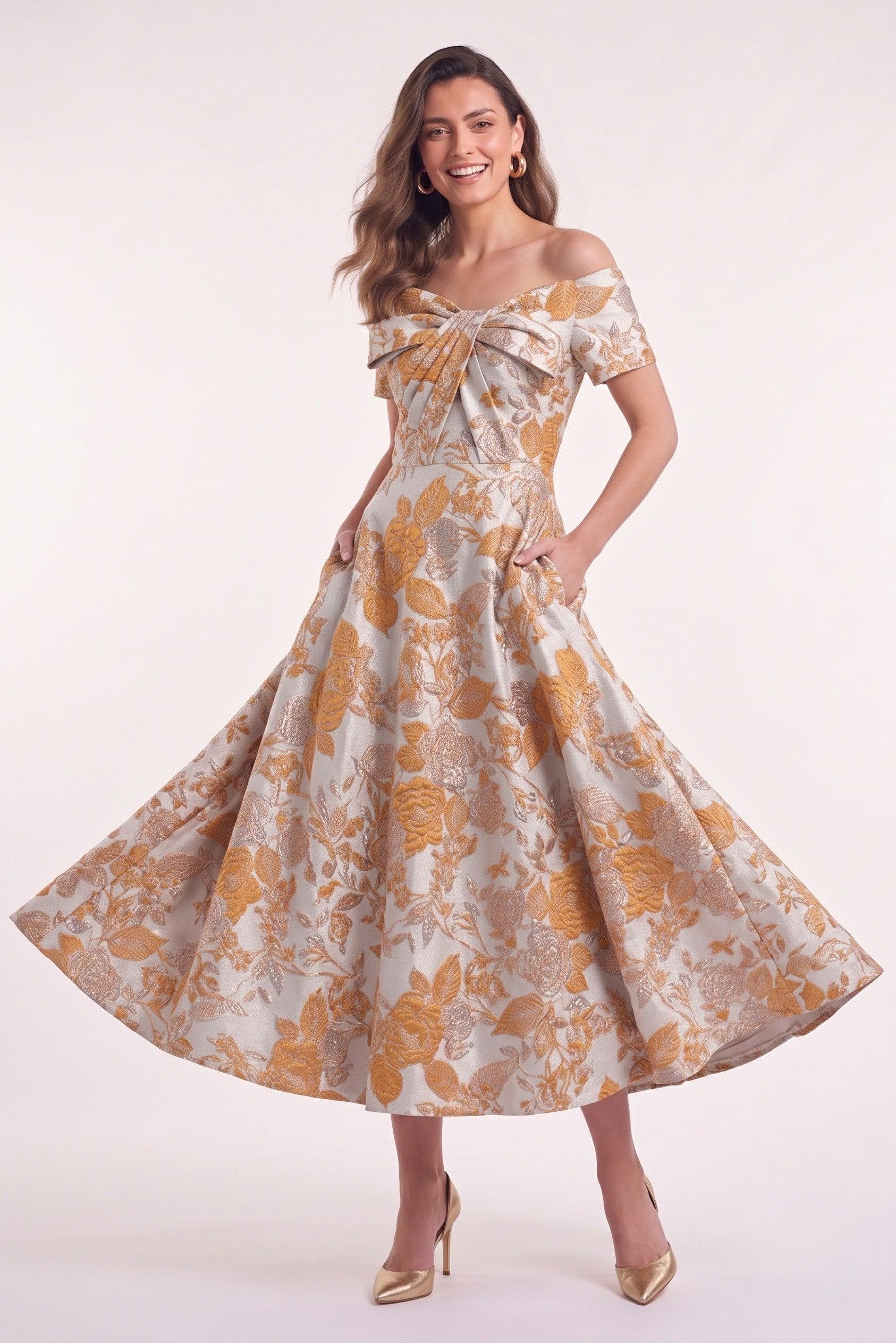 A-Line Tea Length Jacquard Mother of the Bride Dress CM0482 - Orange - COCOMELODY